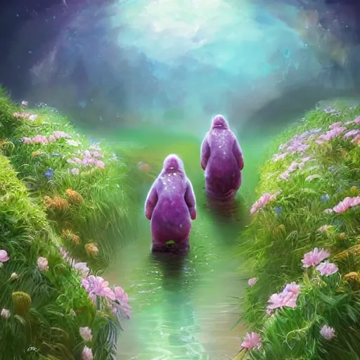 Prompt: Water bears walking in the flowers, artstation, professional