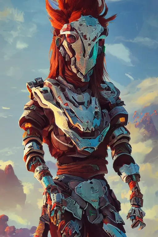 Image similar to combination suit armor aloy horizon forbidden west horizon zero dawn radiating a glowing aura global illumination ray tracing hdr fanart arstation by ian pesty and alena aenami artworks in 4 k tribal robot ninja mask helmet backpack