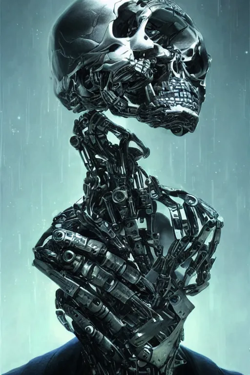 Image similar to Ultra realistic illustration of a robot sitting holding a human skull!!!!!!!, cyberpunk, sci-fi, fantasy, intricate, elegant, highly detailed, digital painting, artstation, concept art, smooth, 8k octane render, extremely hyperdetailed, intricate complexity, sharp focus, illustration, art by artgerm and greg rutkowski and blizzard studios