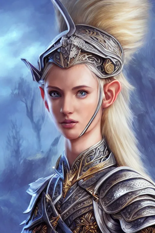 Image similar to highly detailed full body portrait painting of a proud young elven knight in the style of Warhammer Fantasy by Artgerm and Arian Mark, short blonde hair, blue eyes, sapphire earrings, no helmet, low angle shot, highly detailed, trending on artstation, cgsociety, 4k, 8k, HDR, octane render, unreal engine