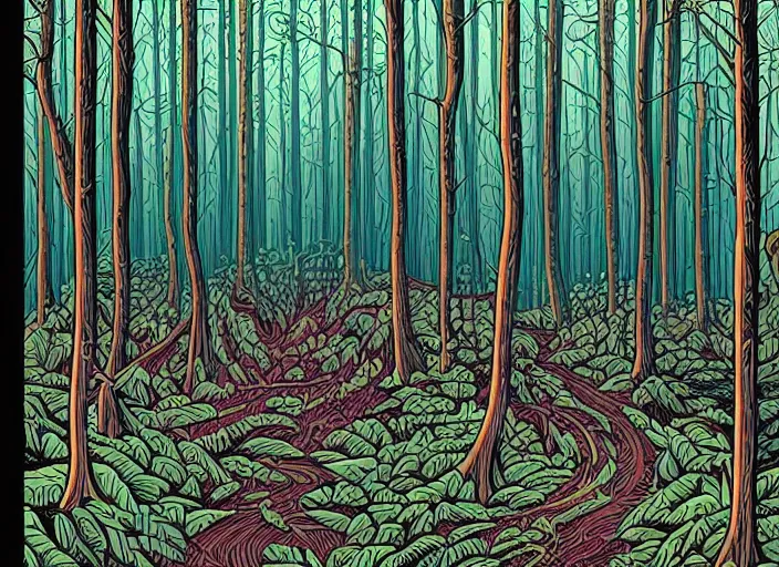 Prompt: an illustration of a forest by dan mumford, flat colors, beautiful, aesthetic