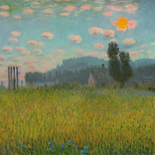 Image similar to A sunny day by Simon Stålenhag and Claude Monet