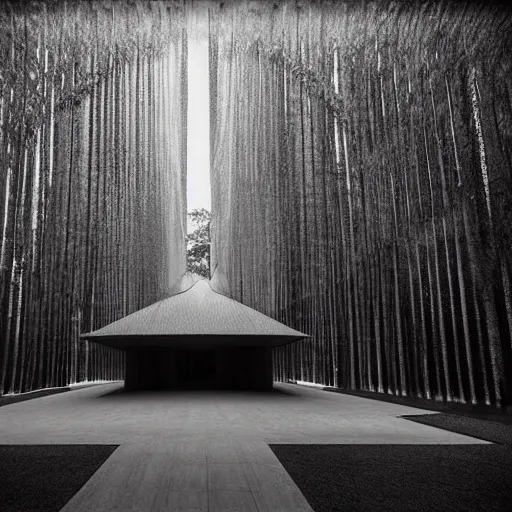 Prompt: hyperrealistic highdetailed modern church by tadao ando in the tropical wood, mystic, melancholy, pinhole analogue photo quality, lomography, scratches on photo, noise effect, blur effect, monochrome