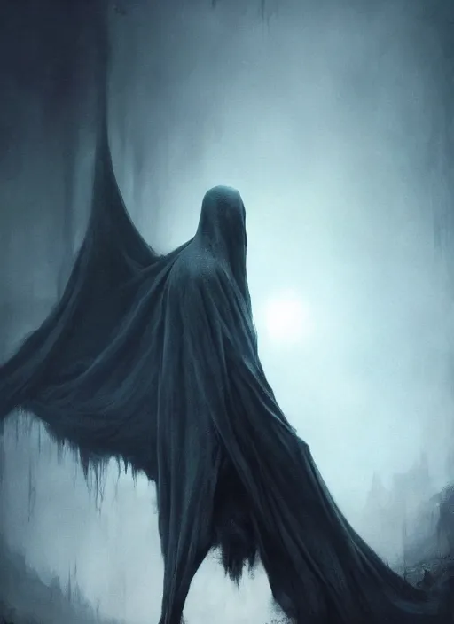 Prompt: dementor. draped in dark sheet. dark colors. menacing. haunting. frightening. trending on artstation. award winning. artgem. greg rutkowski. beksinski. extremely detailed. 4 k.