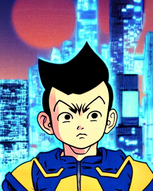 Prompt: a close up portrait of Astro boy in the style of Goku, weapon on a ready looking determined overlooking a cyberpunk city in the background, full face portrait composition, 2D drawing by Mike Mignola, Yoji Shinkawa, flat colors, chiaroscuro