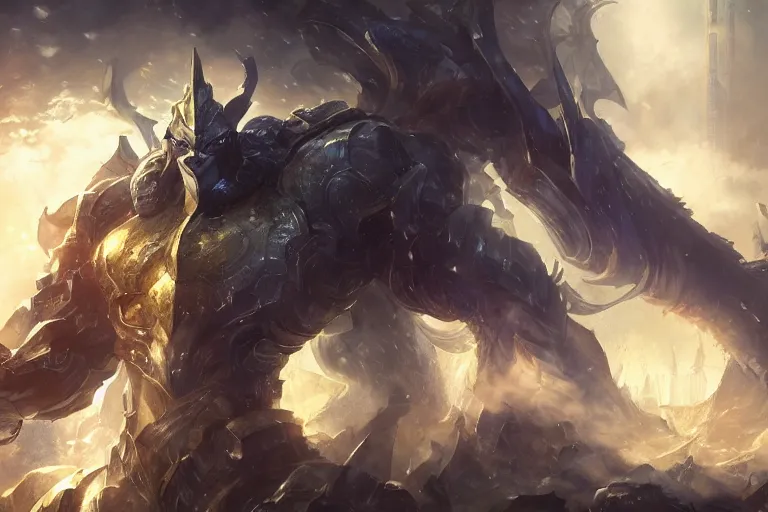 Image similar to amazinglong shot of galio from league of legends protecting new york, deiv calviz, splash art, natural light, elegant, intricate, fantasy, atmospheric lighting, by greg rutkowski, league of legends splash art, hd wallpaper, ultra high details