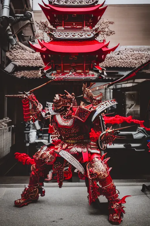 Image similar to photography of a mechanical dragon samurai in red japanese armor taken with Leica M11