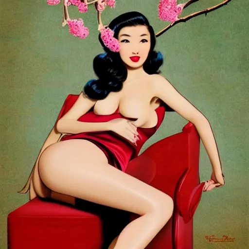 Prompt: pin - up fullbody portrait of a beautiful young asian woman, pretty long hair, intense flirting, showing curves, symmetrical face, digital art, smooth, extremely detailed, model pose, intense look, dream, cherry blossoms, gorgeous young model, traditional beauty, perfect proportions, pretty, by wu bayard, by gil elvgren, by ralph horsley,