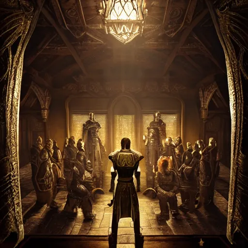 Image similar to the elder scrolls vi majestic gracious jarl portrait, stately throne room, painted, dark room, one point of light coming through the window, atmospheric lighting, painted, intricate, volumetric lighting, beautiful, golden hour, sharp focus, ultra detailed, by leesha hannigan, ross tran, thierry doizon, kai carpenter, ignacio fernandez rios