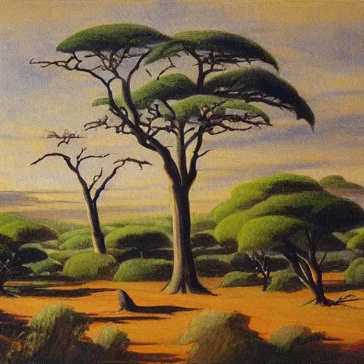 Image similar to a landscape painting of the african bushveld, painted by Pierneef