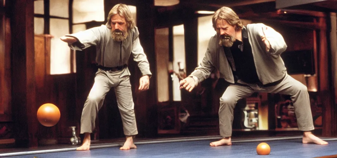 Prompt: the Big Lebowski as Luke Skywalker training on degobah levitating a bowling ball with the force
