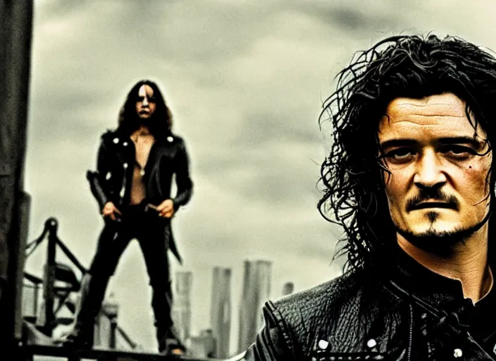 Prompt: promotional image of orlando bloom in a heavy metal band in a movie from 1 9 7 8, rugged black clothes, detailed face, movie still frame, promotional image, imax 7 0 mm footage