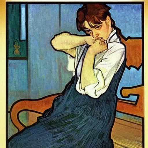 Prompt: painting of grumpy taehyung in a maid outfit, elegant, clear, painting, stylized, art, art by alphonse mucha, vincent van gogh, egon schiele,