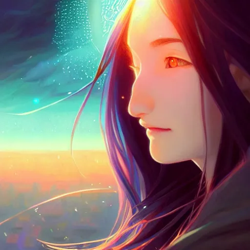 Prompt: a beautiful girl with long dark hair, going through a portal between worlds, intricate, highly detailed, digital painting, artstation, official media, anime key visual, concept art, rich vivid colors, ambient lighting, sharp focus, illustration, art by Artgerm, Makoto Shinkai, Ilya Kuvshinov, Lois Van Baarle, and Rossdraws