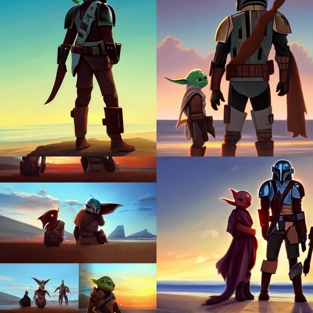 Prompt: Concept art of The Mandalorian on the beach watching the sunset with baby yoda on his sholder, beautiful, rear view, trending on ArtStation, detailed art