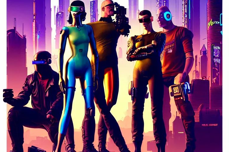 Image similar to cyberpunk heist crew. portrait by stonehouse and mœbius and will eisner and gil elvgren and pixar. character design. realistic proportions. dystopian. cyberpunk 2 0 7 7, apex, blade runner 2 0 4 9 concept art. cel shading. attractive face. thick lines. hi def 4 k. the team. detailed characters.