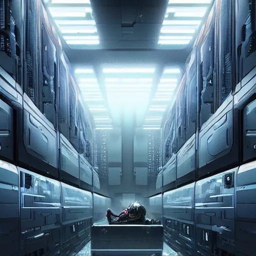 Image similar to professional painting of huge monumental conscious supercomputer with big face answers humankind questions in endless server room, trending on artstation, cyberpunk, sci - fi, futuristic, by greg rutkowski and maciej kuciara, high quality