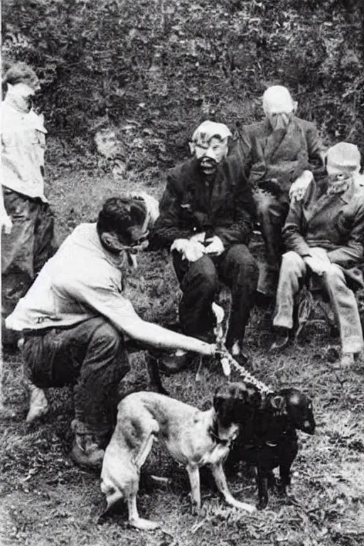 Prompt: men eating dog, old photo