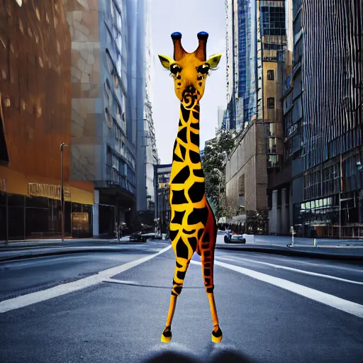 Image similar to a giraffe in ballet suit standing in the center of city