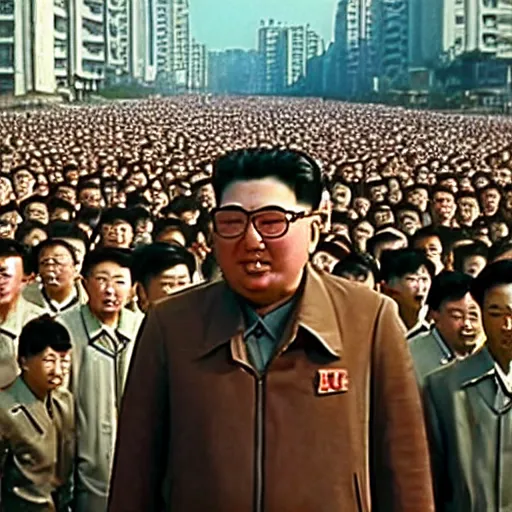 Image similar to cinematic shot of cybernetic kim il - sung standing in a street in pyongyang as a crowd of people cheer in the background, 8 k,