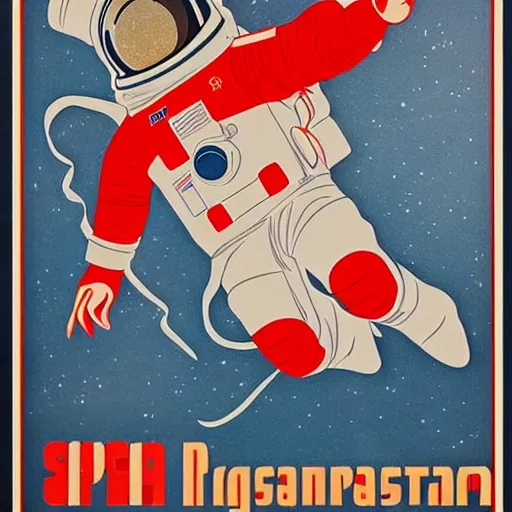 Image similar to space program propaganda poster, astronaut, soviet propaganda style