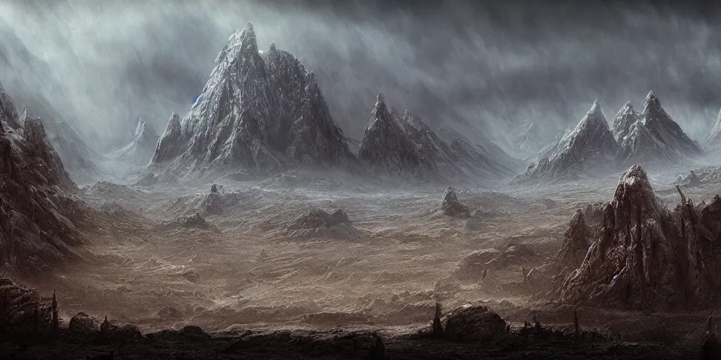 Prompt: Mordor Gorgoroth Plains in the evening, detailed matte painting, cinematic, Alan Lee, Artstation