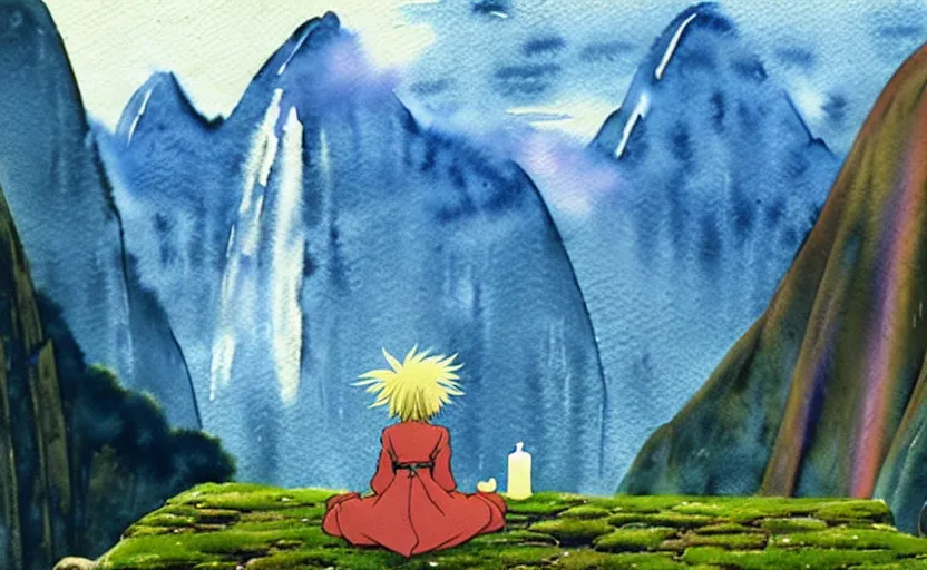 Image similar to a realistic and atmospheric watercolor from howl's moving castle ( 2 0 0 4 ) of a witch meditating in machu pichu. very dull muted colors, hd, 4 k, hq