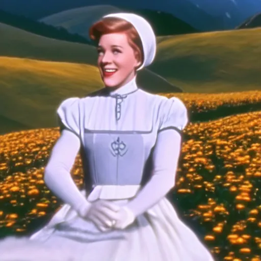 Prompt: julie andrews as a white cat, austria, film still, sound of music, 4 k, 8 k