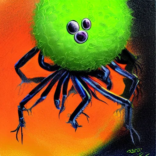 Prompt: a tennis ball monsters, spider, colorful, digital art, fantasy, magic, chalk, trending on artstation, ultra detailed, professional illustration by basil gogos