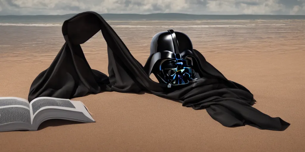 Image similar to darth vader sunbathing in the beach while reading, realism, 4 k, octane render, award winning photograph