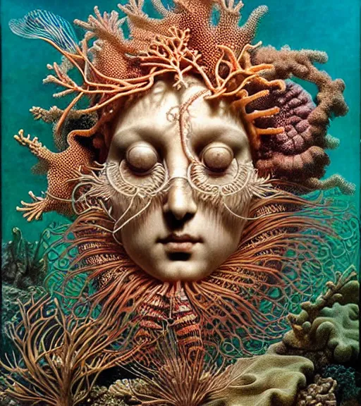 Image similar to hyperrealistic detailed underwater face portrait of the beautiful god of the fish with an intricate headgear of corals, sea kelp, sea plants, fish, starfish, jellyfish, art by ernst haeckel, james jean, john william godward, gothic, neo - gothic, ornamental, beautiful deep colours,