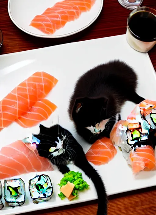 Image similar to clear photograph of cute cats eating sushi from sushi plates