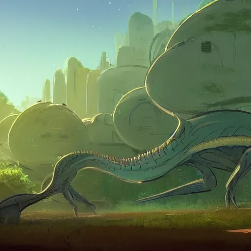 Image similar to concept art painting of an alien world full of alien dinosaurs, detailed, cel shaded, in the style of makoto shinkai and moebius and james gurney