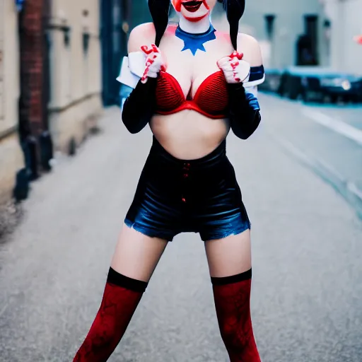 Prompt: Harley Quinn doing Victoria Secret, XF IQ4, f/1.4, ISO 200, 1/160s, 8K, RAW, unedited, symmetrical balance, in-frame