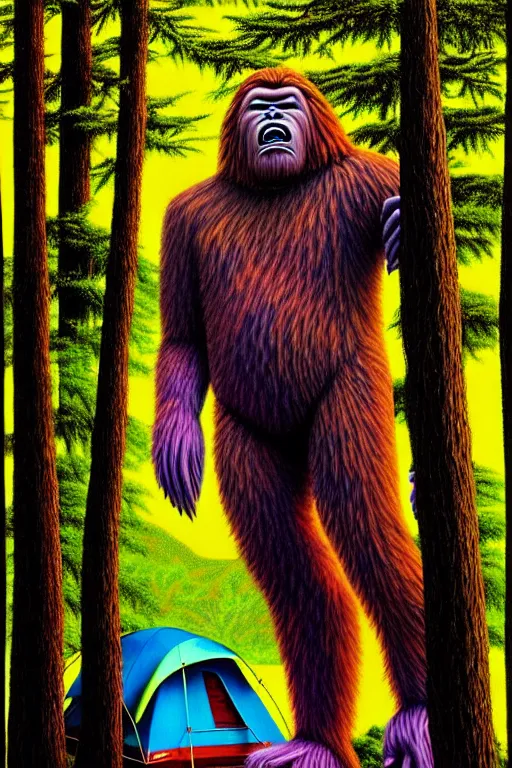 Image similar to a hyperrealistic painting of a bigfoot outside of camping tent, cinematic horror by jimmy alonzo, the art of skinner, chris cunningham, lisa frank, richard corben, highly detailed, vivid color,