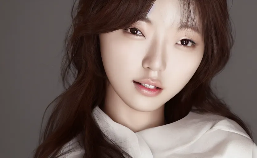 Image similar to Park shin hye, beautiful south korean woman, korean female model, korean female actress, soft smile, light soft skin, dark brown hair, light brown eyes, popular south korean makeup, studio lighting, solid background, depth of field, hyperrealistic, 8k, artstation