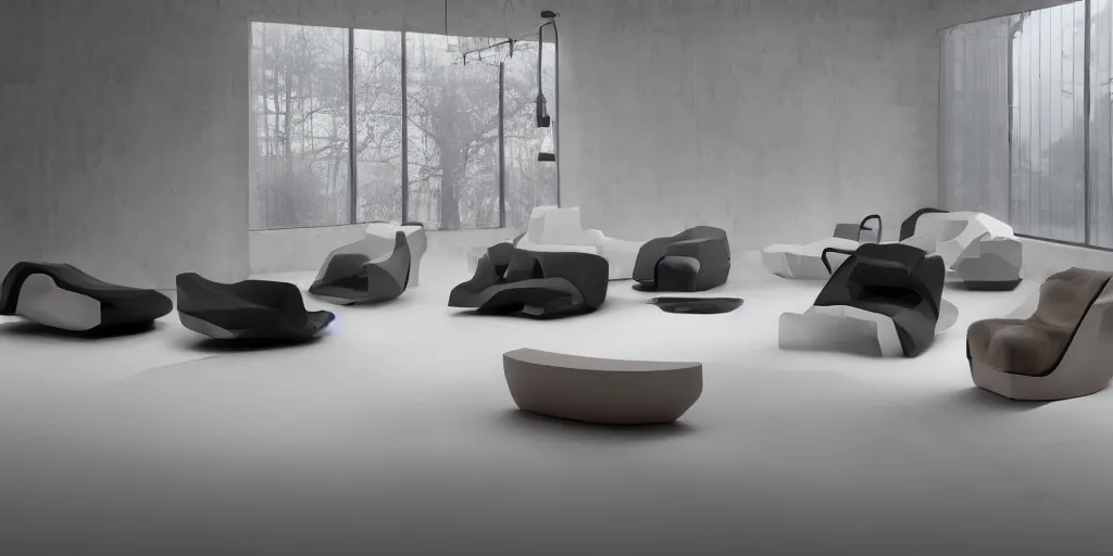 Prompt: !dream critically acclaimed furniture design collection from the year 2050, futuristic, shown in a showroom, foggy light, impressive, 8k, highly detailed