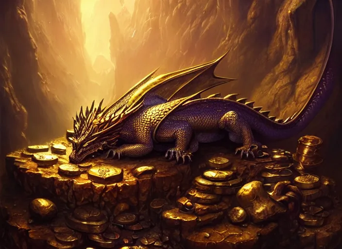 Prompt: dragon asleep on a pile of treasure, dramatic light, dungeon background, treasure, gold, jewels, treasure pile, high detail, fantasy background, painted todd lockwood, stanley lau, greg rutkowski, artgerm, digital art, trending on artstation