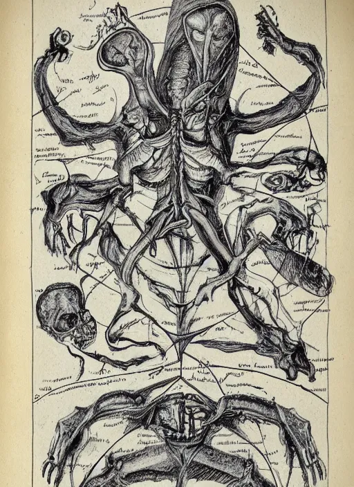 Image similar to a full page scan of detailed vintage illustrated anatomical drawing of how to raise the dead, handwritten, satanic, evil, grimoire page, necronomicon style