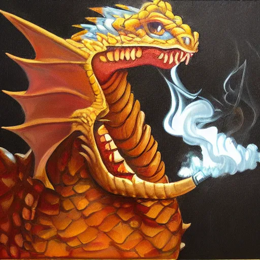 Image similar to oil painting of a dragon wearing a suit and smoking a cigar