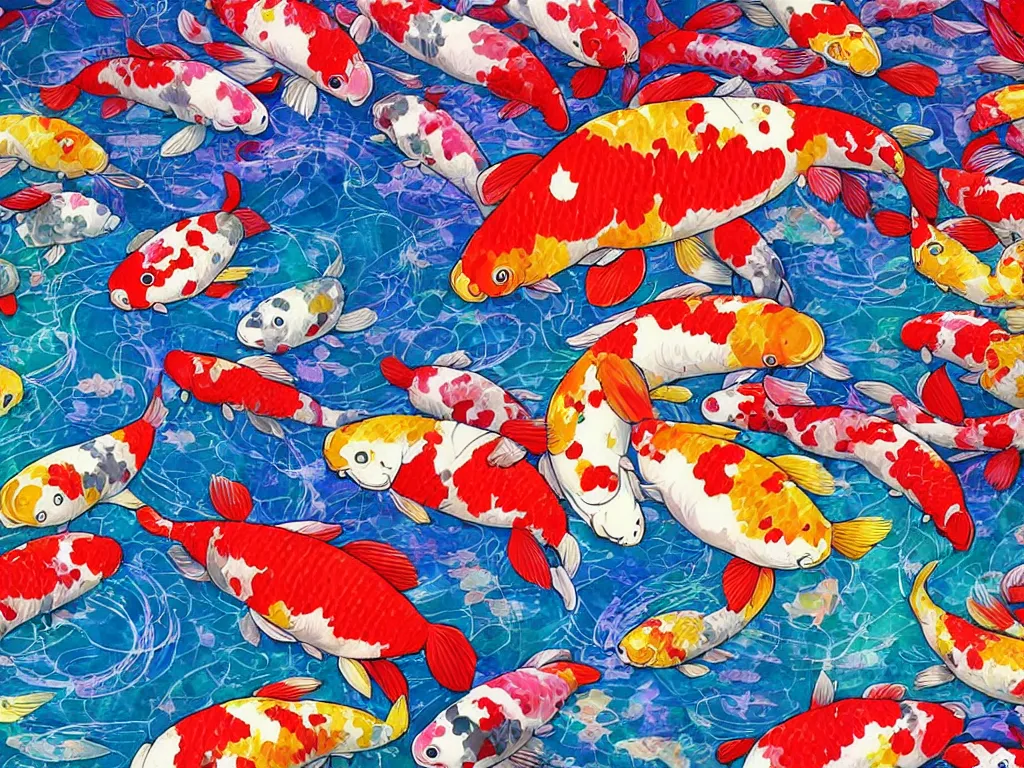 Image similar to colorful koi carp collage illustration, digital painting, highly detailed, intricate, elegant, artstation, concept art, colorful, beautiful, studio ghibli, aoshima chiho, takashi murakami, manga, cute and adorable