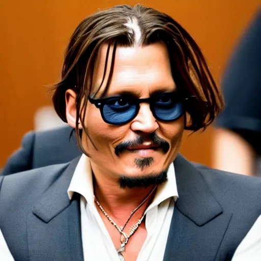 Image similar to Johnny Depp happy in courtroom , ultra Realistic 8k