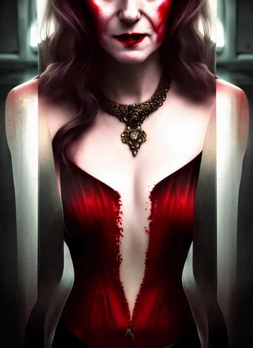 Image similar to realistic matte painting, full length portrait, the duchess of blood owns the las vegas strip, vampire, highly detailed, CGsociety, concept art, HDR, hyper realistic, volumetric lighting, subsurface scattering, unreal