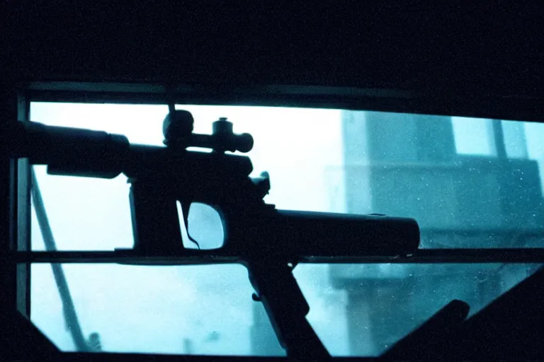 Image similar to film still of closeup futuristic sniper rifle sticking out window, cinematic, moody, gritty neon noir by emmanuel lubezki