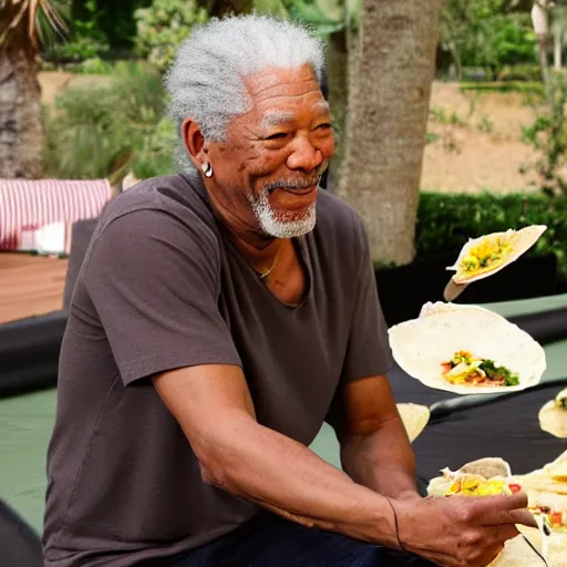 Image similar to morgan freeman laying on the bed eating tacos with raven on his side