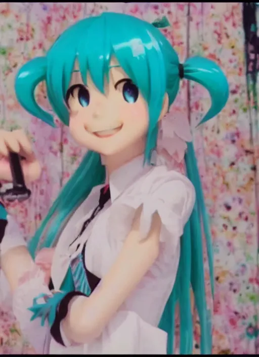 Image similar to hatsune miku in real life on vhs, 1 9 9 0, 9 0 s commerical