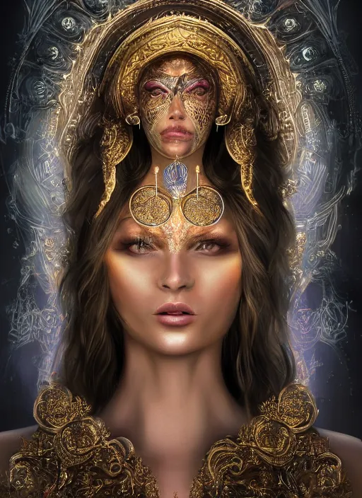 Image similar to beautiful full body concept art, photorealistic symmetrical beautiful face, female priestess with shiny hair wearing full intricate clothing standing in a slimy temple, godray, intricate lighting, micro detail, cg society