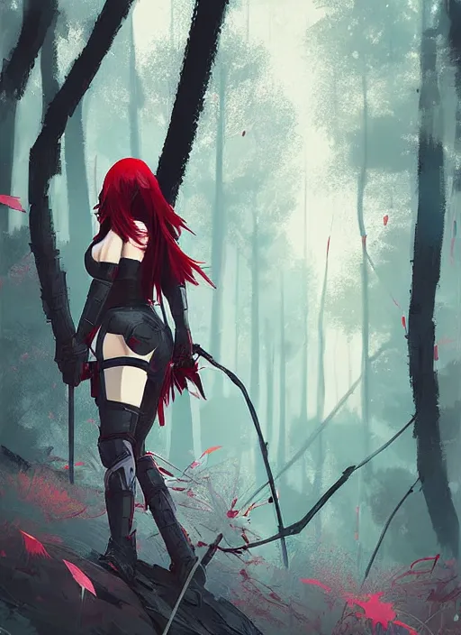 Prompt: red haired japanese girl, armored, midfigure, grey forest background, by ismail inceoglu