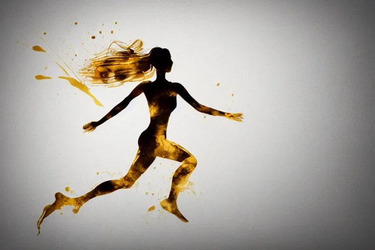 Prompt: beautiful serene running woman, healing through motion, life, minimalistic golden and ink airbrush painting on white background, pristine