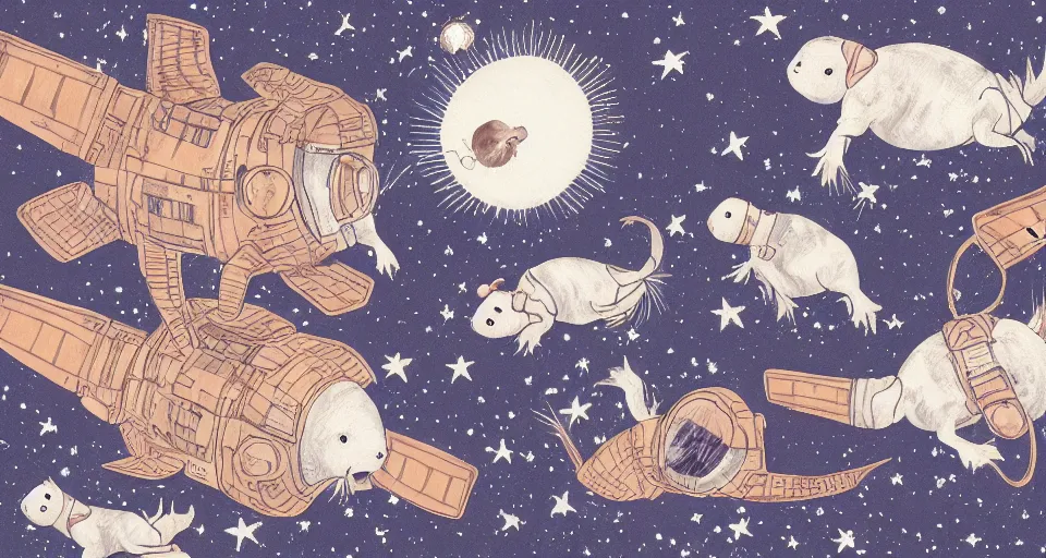 Image similar to back view of baby guineapigs on the cover of vogue magazine flying in space suits, deep dark universe, twinkling and spiral nubela, warmhole, beautiful stars, 4 k, 8 k, by hokusai, samurai man vagabond, detailed, editorial illustration, matte print, concept art, ink style, sketch, digital 2 d